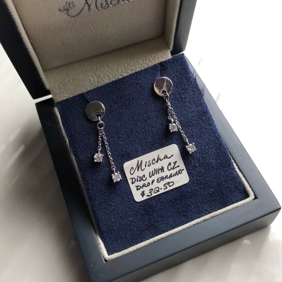 Mischa Disc with CZ Drop Silver Earrings - Picture 2 of 5